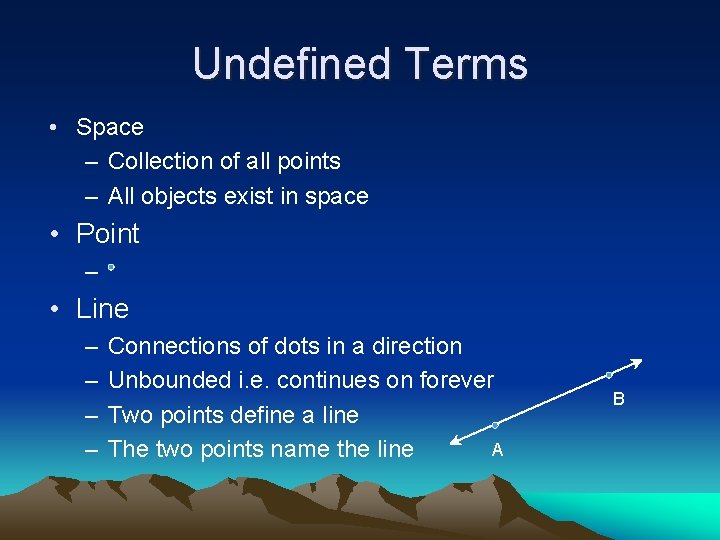 Undefined Terms • Space – Collection of all points – All objects exist in