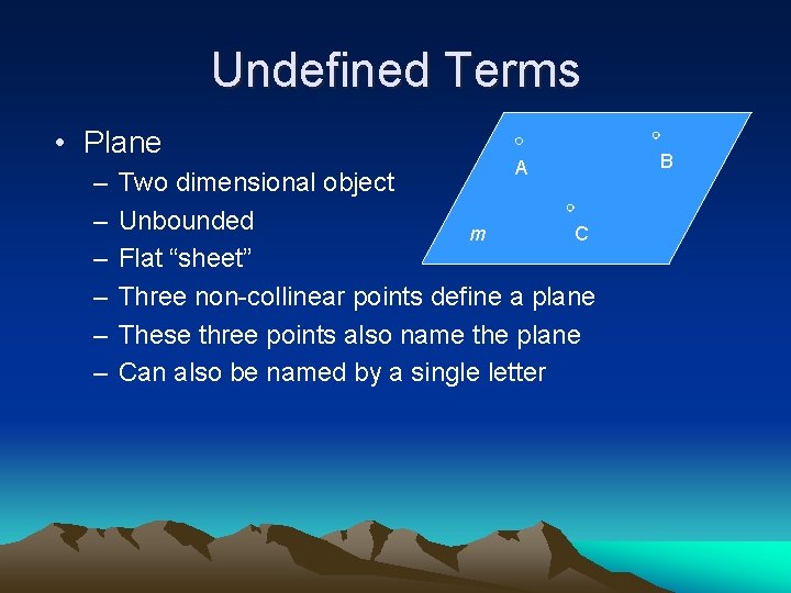 Undefined Terms • Plane – – – A Two dimensional object Unbounded m C