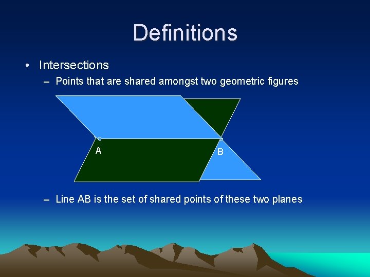 Definitions • Intersections – Points that are shared amongst two geometric figures A B