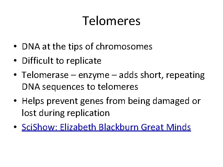 Telomeres • DNA at the tips of chromosomes • Difficult to replicate • Telomerase