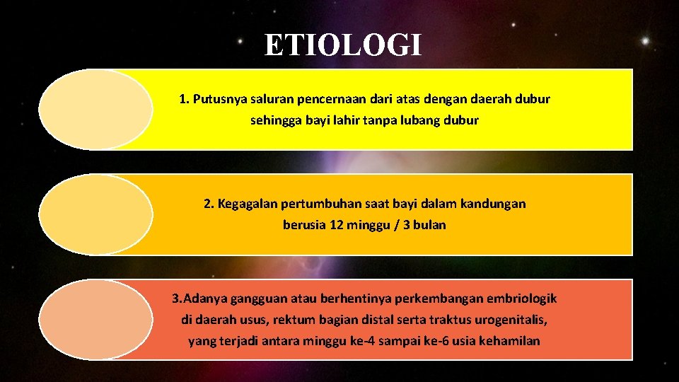 ETIOLOGI 1. Putusnya saluran pencernaan dari atas dengan daerah dubur sehingga bayi lahir tanpa