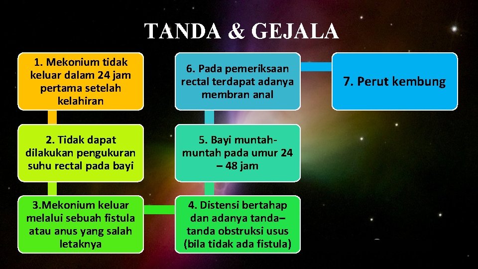 TANDA & GEJALA 1. Mekonium tidak keluar dalam 24 jam pertama setelah kelahiran 6.