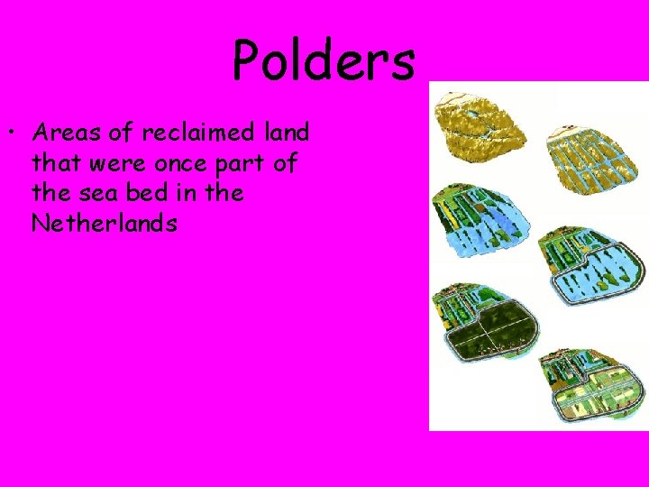 Polders • Areas of reclaimed land that were once part of the sea bed