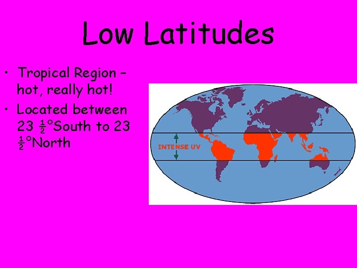 Low Latitudes • Tropical Region – hot, really hot! • Located between 23 ½°South
