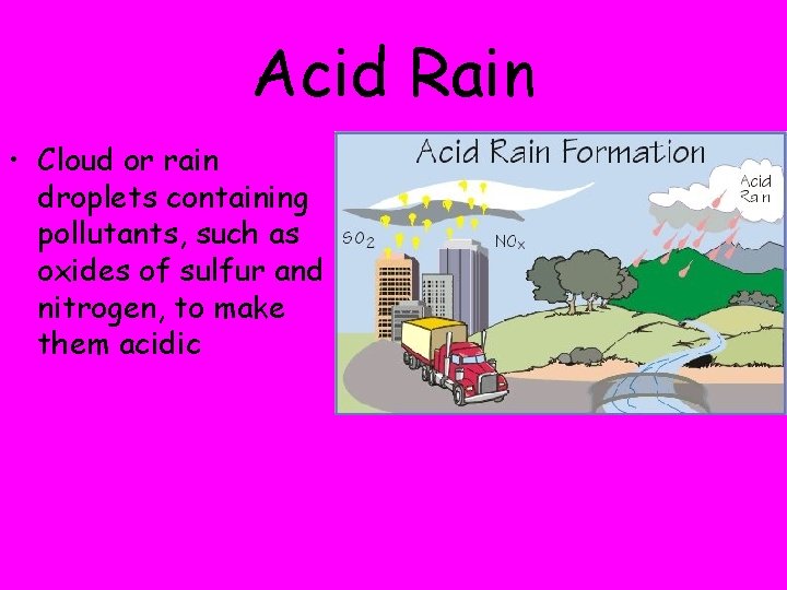 Acid Rain • Cloud or rain droplets containing pollutants, such as oxides of sulfur