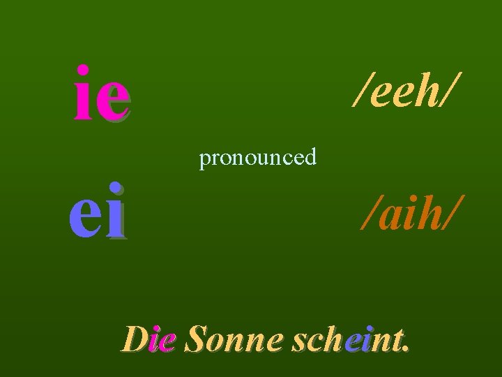 ie ei /eeh/ pronounced /aih/ ei Die ie Sonne scheint. 