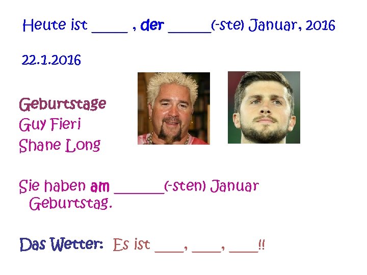 Heute ist _____ , der ______(-ste) Januar, 2016 22. 1. 2016 Geburtstage Guy Fieri