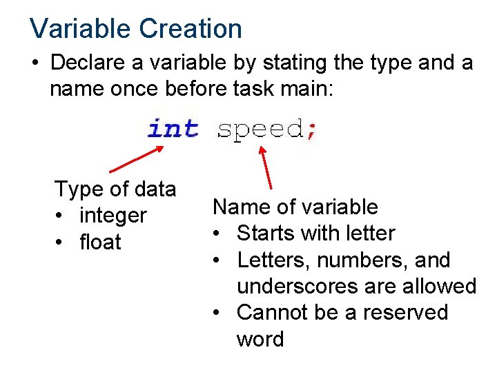 Variable Creation • Declare a variable by stating the type and a name once