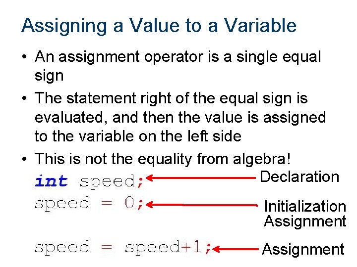 Assigning a Value to a Variable • An assignment operator is a single equal