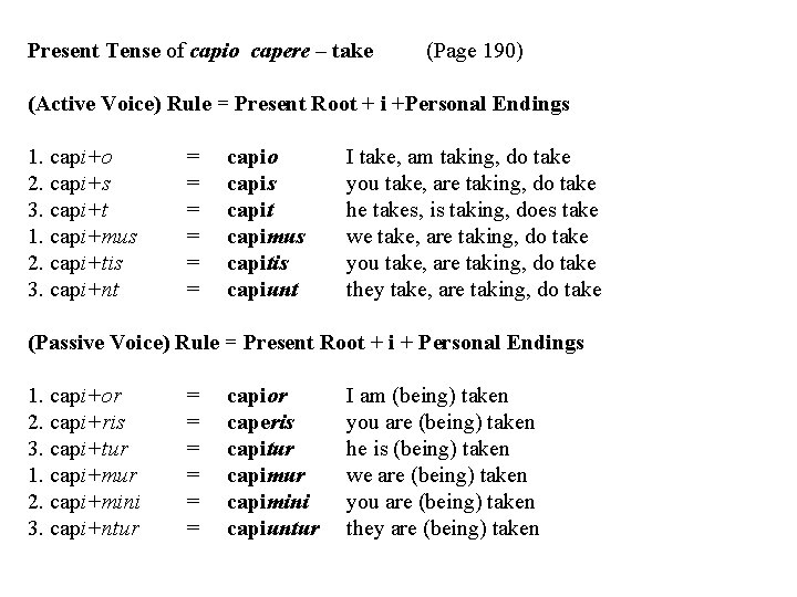 Present Tense of capio capere – take (Page 190) (Active Voice) Rule = Present