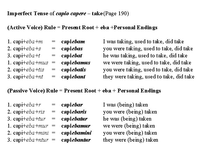 Imperfect Tense of capio capere – take (Page 190) (Active Voice) Rule = Present