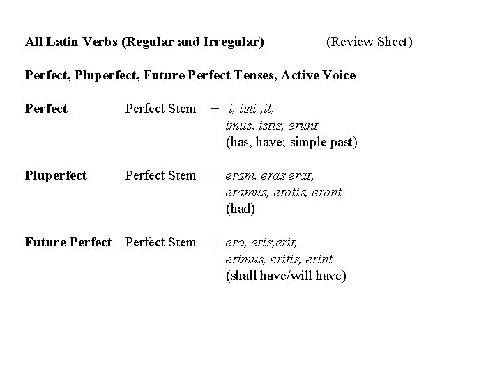 All Latin Verbs (Regular and Irregular) (Review Sheet) Perfect, Pluperfect, Future Perfect Tenses, Active