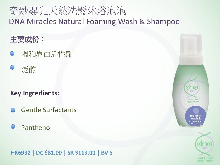 奇妙嬰兒天然洗髮沐浴泡泡 DNA Miracles Natural Foaming Wash & Shampoo 主要成份： 溫和界面活性劑 泛醇 Key Ingredients: Gentle