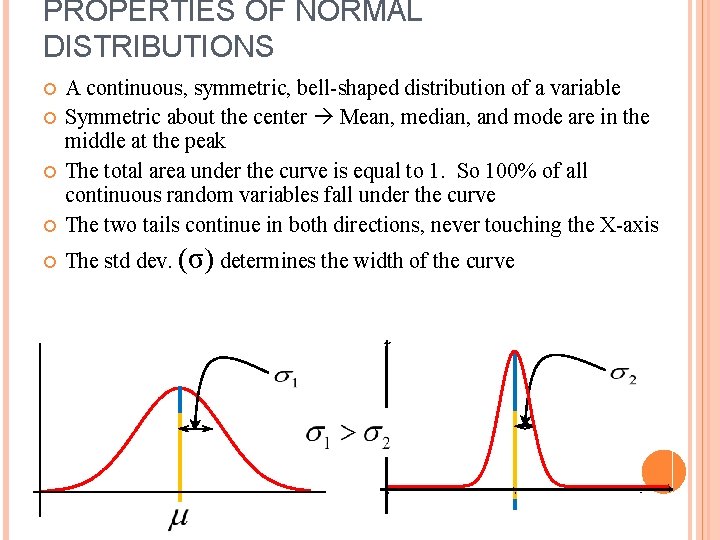 PROPERTIES OF NORMAL DISTRIBUTIONS A continuous, symmetric, bell-shaped distribution of a variable Symmetric about PROPERTIES OF NORMAL DISTRIBUTIONS A continuous, symmetric, bell-shaped distribution of a variable Symmetric about