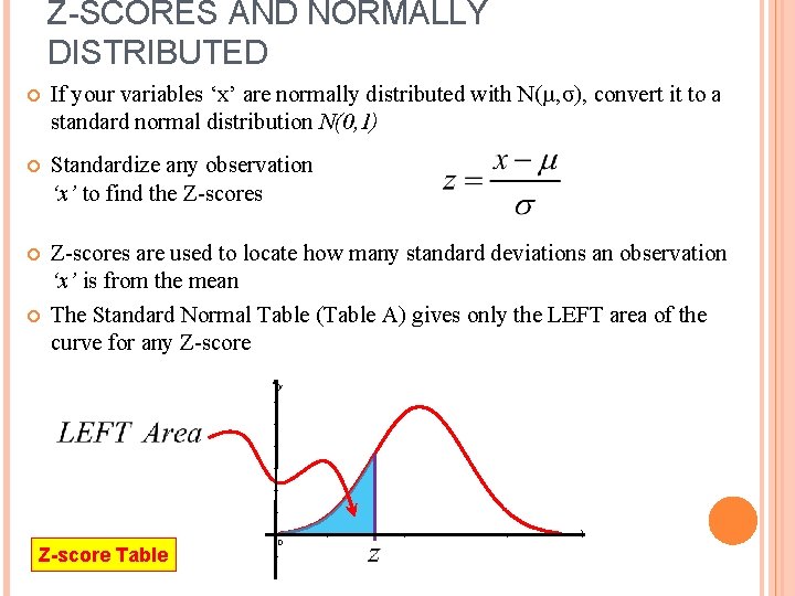 Z-SCORES AND NORMALLY DISTRIBUTED If your variables ‘x’ are normally distributed with N(µ, σ), Z-SCORES AND NORMALLY DISTRIBUTED If your variables ‘x’ are normally distributed with N(µ, σ),