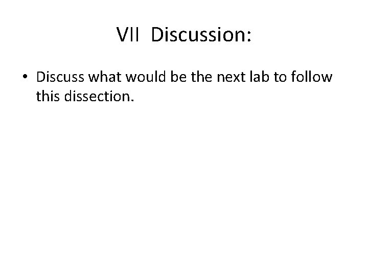 VII Discussion: • Discuss what would be the next lab to follow this dissection.