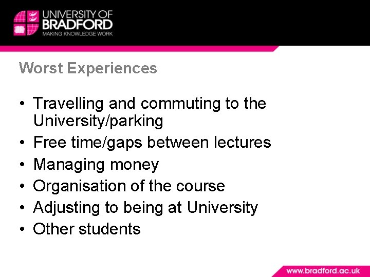 Worst Experiences • Travelling and commuting to the University/parking • Free time/gaps between lectures