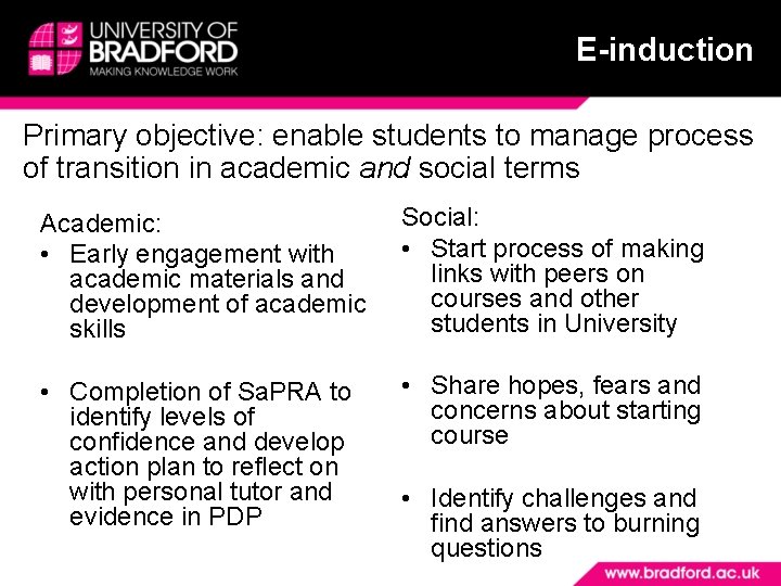 E-induction Primary objective: enable students to manage process of transition in academic and social