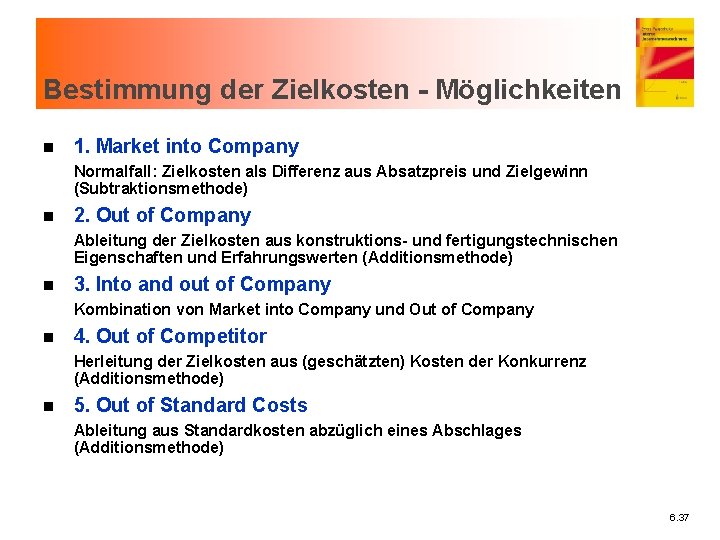 Bestimmung der Zielkosten - Möglichkeiten n 1. Market into Company Normalfall: Zielkosten als Differenz