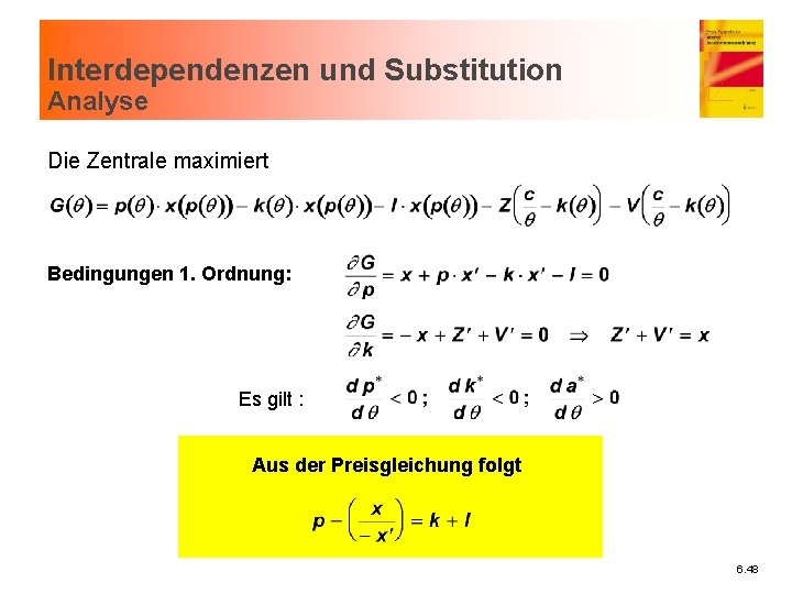 Interdependenzen und Substitution Analyse Die Zentrale maximiert Bedingungen 1. Ordnung: Es gilt : Aus