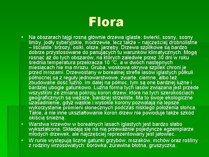 Flora § Na obszarach tajgi rosną głównie drzewa iglaste: świerki, sosny limby, jodły syberyjskie,