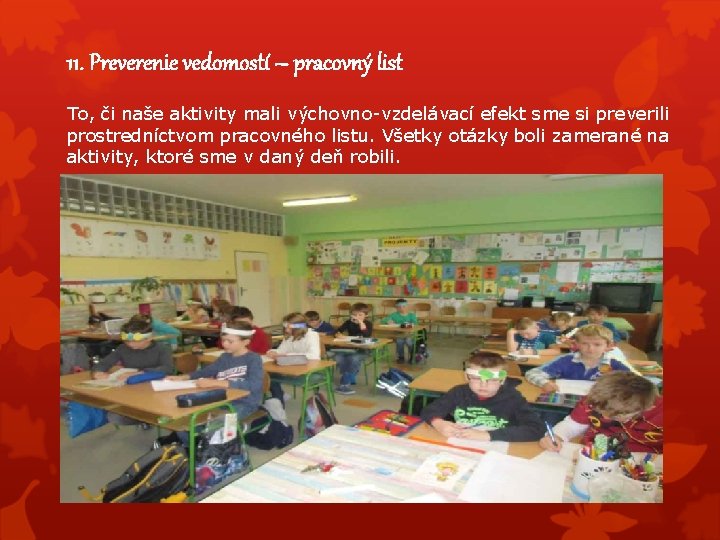 11. Preverenie vedomostí – pracovný list To, či naše aktivity mali výchovno-vzdelávací efekt sme