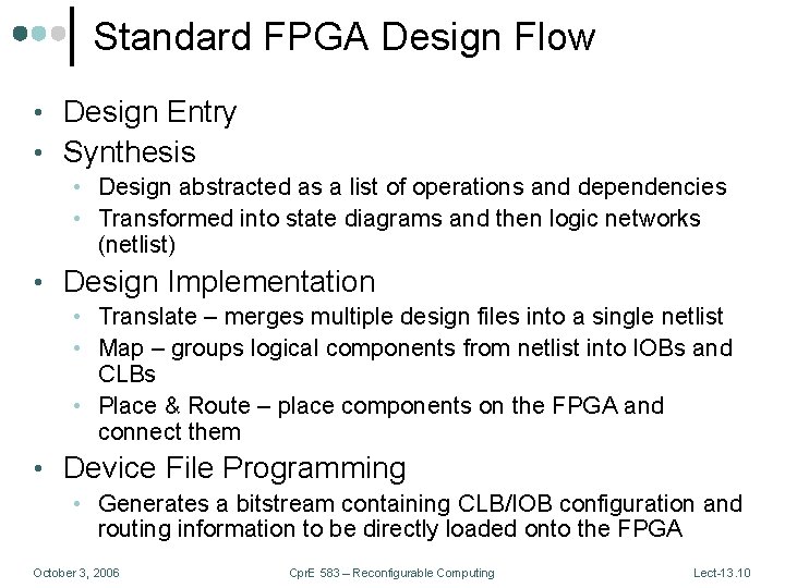 Standard FPGA Design Flow • Design Entry • Synthesis • Design abstracted as a