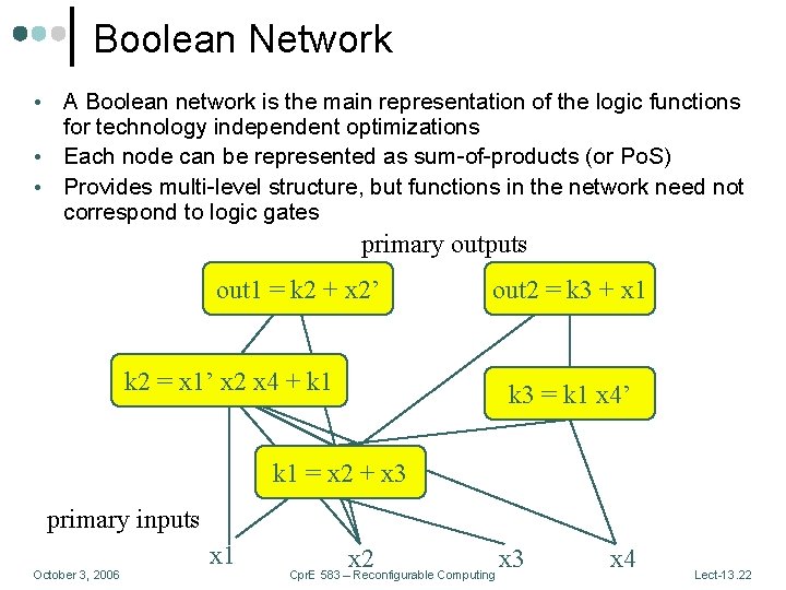Boolean Network A Boolean network is the main representation of the logic functions for