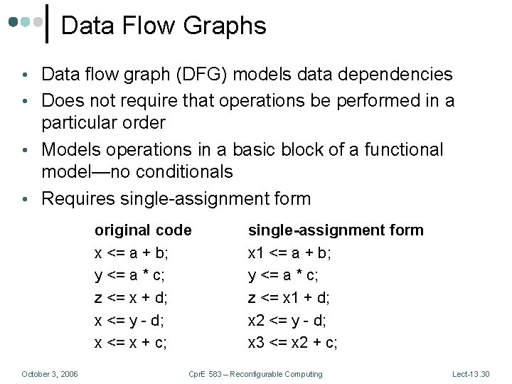 Data Flow Graphs • Data flow graph (DFG) models data dependencies • Does not