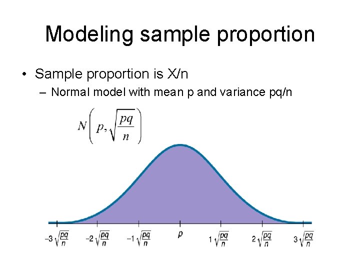 Modeling sample proportion • Sample proportion is X/n – Normal model with mean p