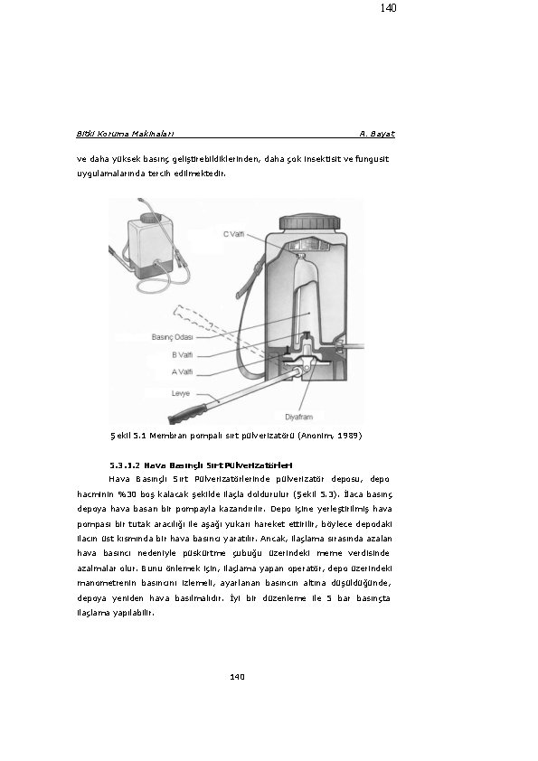 140 Bitki Koruma Makinaları A. Bayat ve daha yüksek basınç geliştirebildiklerinden, daha çok insektisit