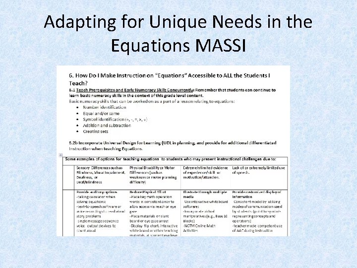 Adapting for Unique Needs in the Equations MASSI 