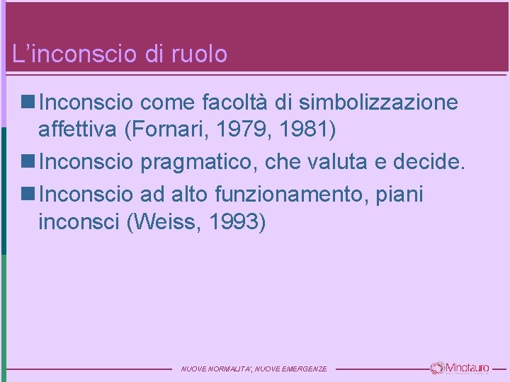 L’inconscio di ruolo n Inconscio come facoltà di simbolizzazione affettiva (Fornari, 1979, 1981) n