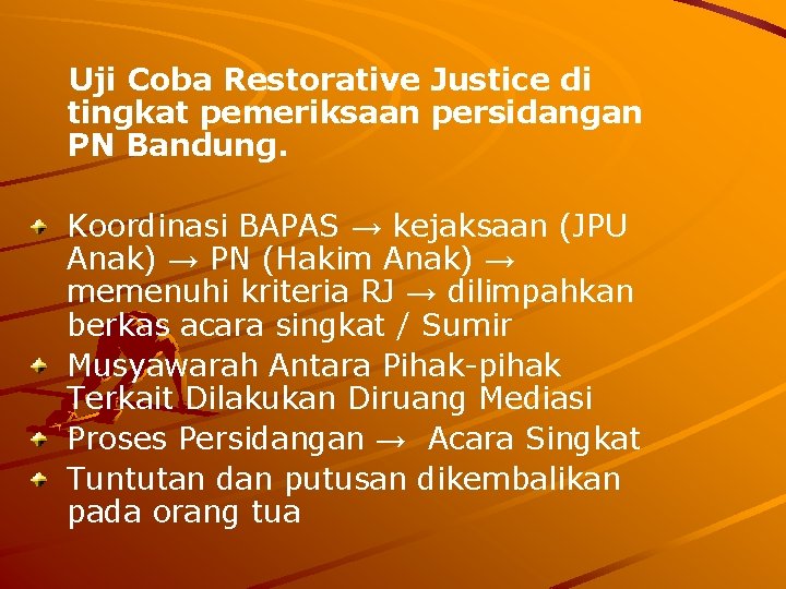 Uji Coba Restorative Justice di tingkat pemeriksaan persidangan PN Bandung. Koordinasi BAPAS → kejaksaan