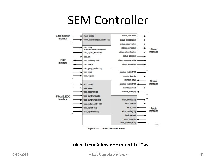 SEM Controller Taken from Xilinx document PG 036 9/30/2013 ME 1/1 Upgrade Workshop 5