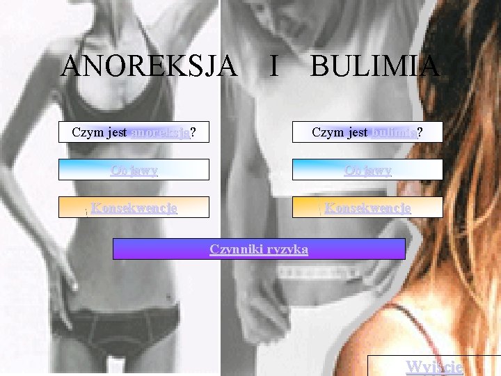 ANOREKSJA I BULIMIA Czym jest anoreksja? anoreksja Czym jest bulimia? bulimia Objawy Konsekwencje Czynniki