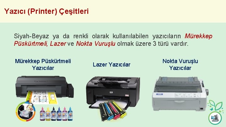 Yazıcı (Printer) Çeşitleri Siyah-Beyaz ya da renkli olarak kullanılabilen yazıcıların Mürekkep Püskürtmeli, Lazer ve