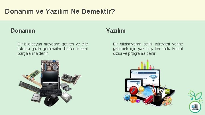 Donanım ve Yazılım Ne Demektir? Donanım Bir bilgisayarı meydana getiren ve elle tutulup gözle