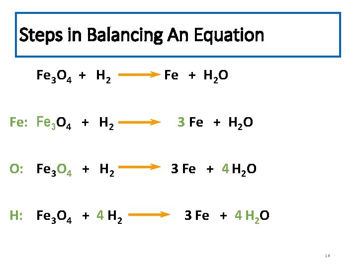 Steps in Balancing An Equation Fe 3 O 4 + H 2 Fe +