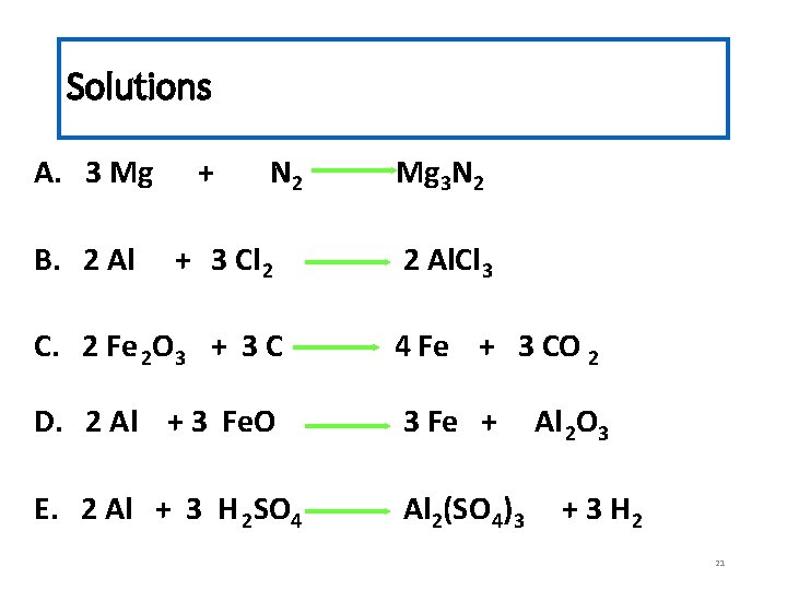 Solutions A. 3 Mg B. 2 Al + N 2 + 3 Cl 2