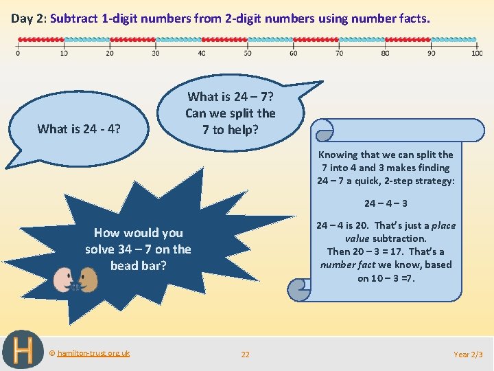 Day 2: Subtract 1 -digit numbers from 2 -digit numbers using number facts. What