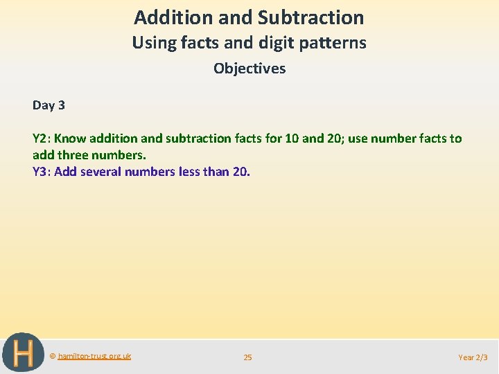 Addition and Subtraction Using facts and digit patterns Objectives Day 3 Y 2: Know