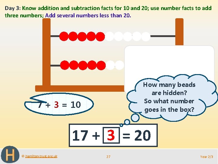 Day 3: Know addition and subtraction facts for 10 and 20; use number facts