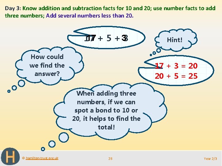 Day 3: Know addition and subtraction facts for 10 and 20; use number facts