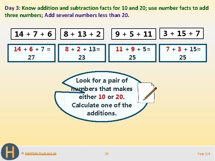 Day 3: Know addition and subtraction facts for 10 and 20; use number facts