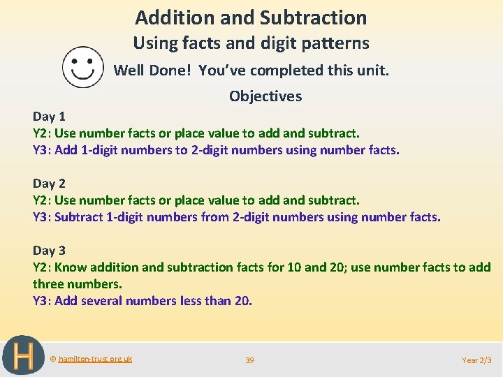 Addition and Subtraction Using facts and digit patterns Well Done! You’ve completed this unit.