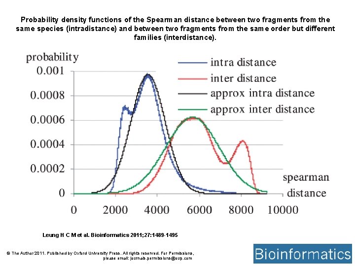 Probability density functions of the Spearman distance between two fragments from the same species