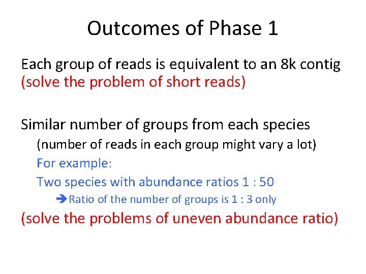 Outcomes of Phase 1 Each group of reads is equivalent to an 8 k
