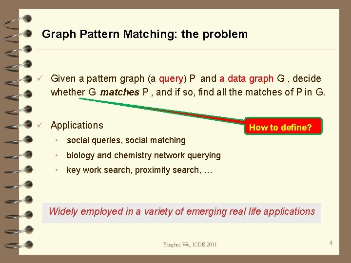 Graph Pattern Matching: the problem ü Given a pattern graph (a query) P and