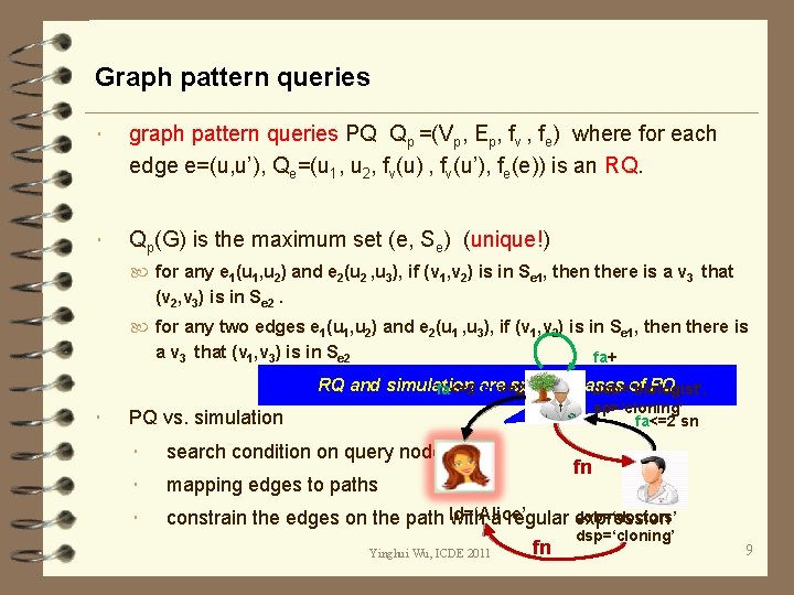 Graph pattern queries graph pattern queries PQ Qp =(Vp, Ep, fv , fe) where